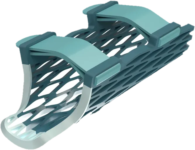 A Struxaform splint seen from the front three-quarter, its open lattice running the length of the part
