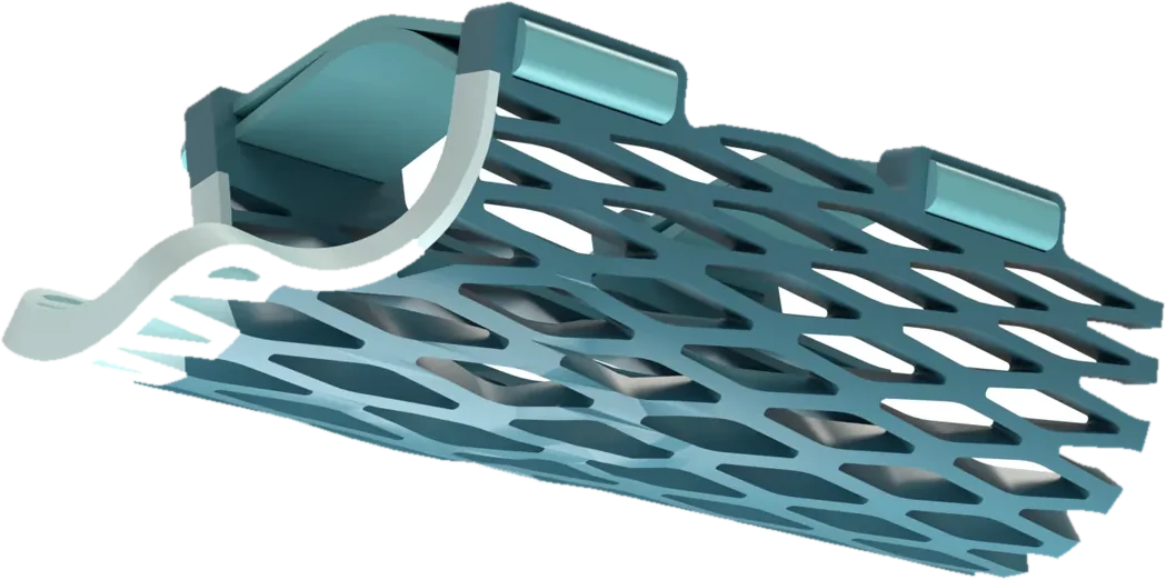 A Struxaform splint seen from a low angle, its open lattice running the length of the part