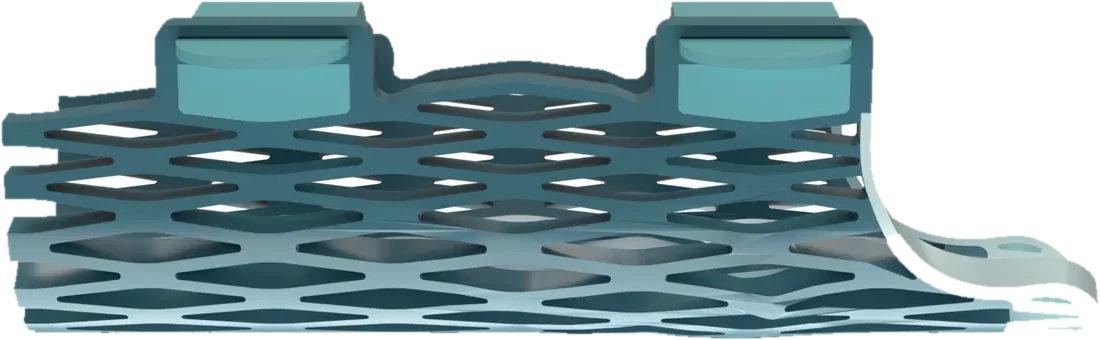 A Struxaform splint from the side, opened flat to show the curve of the lattice
